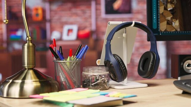 Close up of headphones on home office desk next to PC screen, stationary items, surrounded by plants. Audio device headset next to computer display in loft with shelves filled with books in background