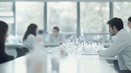 Fototapeta premium Scientists in lab coats collaborate at a lab table.