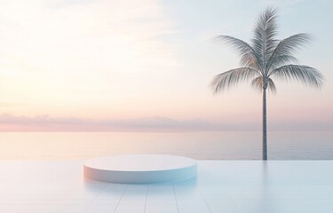 Minimalist beach scene with white podium and palm tree at sunset.