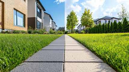 Naklejka premium clean, chemical free sidewalk divides two lush green lawns in suburban neighborhood