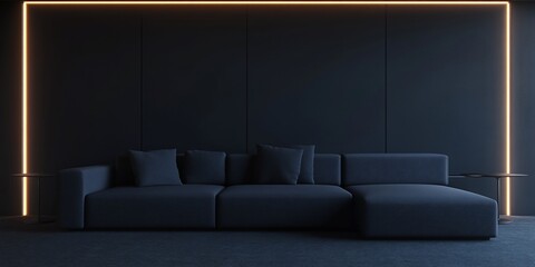 Dark modern living room with sectional sofa and warm LED lighting.