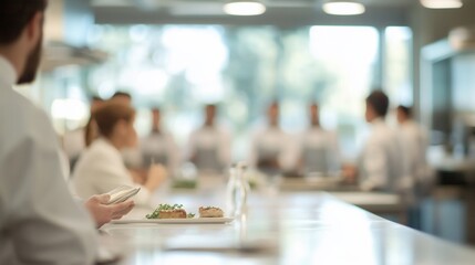 Chef preparing gourmet food in a modern kitchen with a team of culinary professionals in the background.