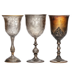 Antique Silver Goblets Set with Intricate Designs on Transparent Background