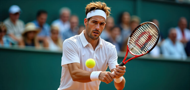 Caucasian man plays tennis at international tournament. Pro athlete hits tennis ball with racket. Action shot captures dynamic moment. Sports activity on court. Spectators watch game. Fast motion.
