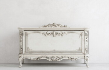Rustic white dresser with delicate engravings, creating a timeless and elegant vintage aesthetic.
