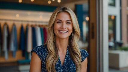 Smiling woman in a floral dress stands in front of a clothing boutique.  She looks confident and approachable.