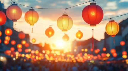 local festival market with vibrant decor, joyful crowd, double exposure silhouette with social engagement