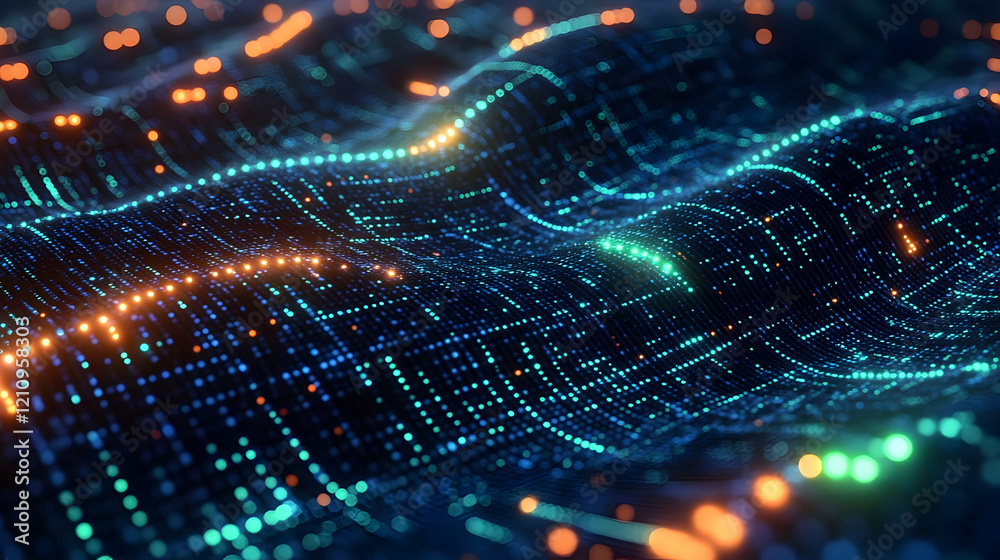 Poster abstract digital wave background with glowing particles and data flow