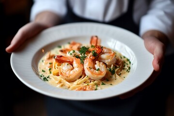 Close-up of a waiter presenting a plate of creamy shrimp pasta.