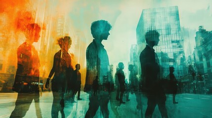 city festival with carnival attractions, joyful families, double exposure silhouette with community icons