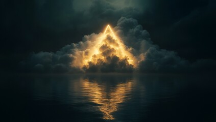 Obraz premium Glowing triangle peak emerges from dark clouds over calm water.
