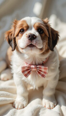 Adorable dog wearing a bow tie posing on soft fabric