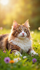 Maine Coon cat lounging in flowers during golden hour