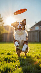 Happy dog jumping for a frisbee on sunny grassy field