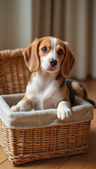 Beagle puppy relaxing in a basket at home