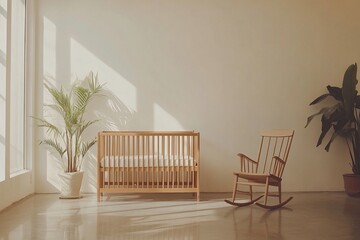 Minimalist nursery room with crib, rocking chair, and plants.