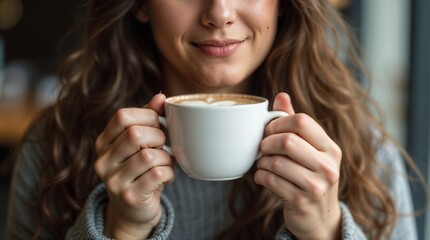 Close-Up of a Woman Enjoying Her Morning Cappuccino or Flat White