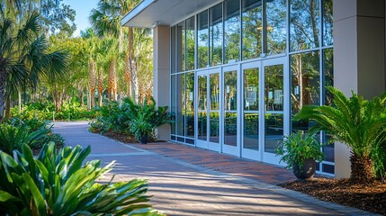 Naklejka premium Modern building entrance, sunny campus, palm trees, walkway, brochure