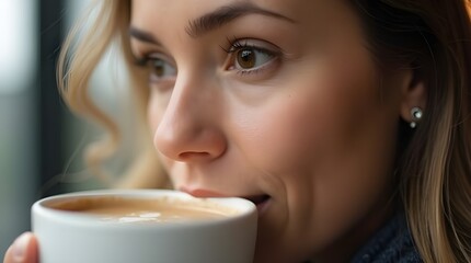 Close-Up of a Woman Enjoying Her Morning Cappuccino or Flat White