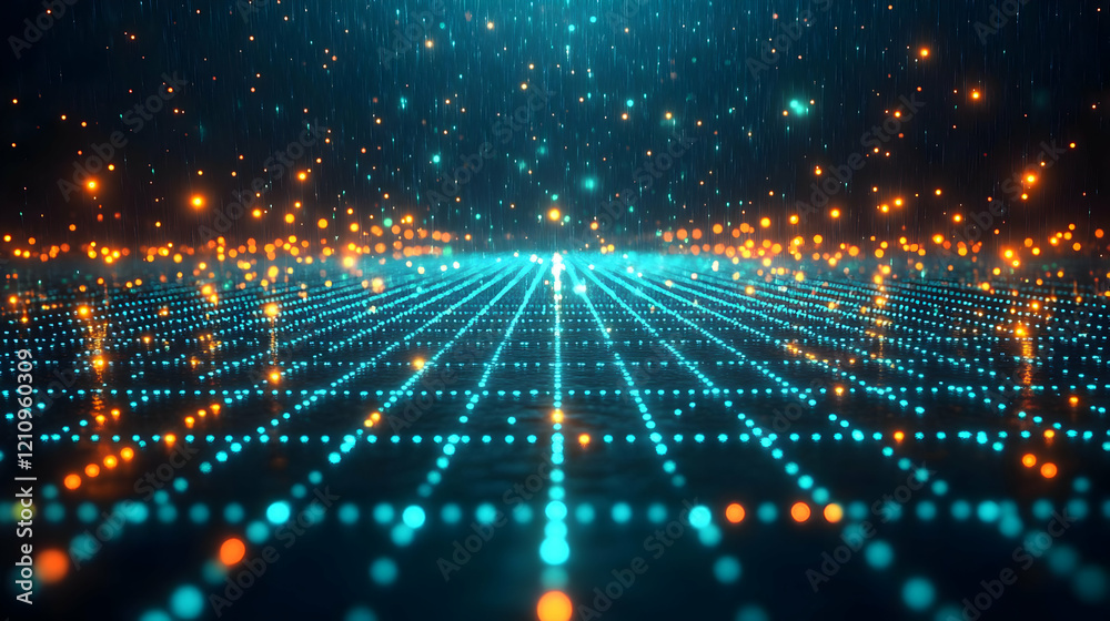 Poster abstract digital network background with glowing particles and grid lines creating a futuristic pers