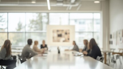 Blurred image of people in a meeting around a long table in a modern office.