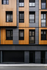 Fototapeta premium Contemporary architecture showcases a remarkable facade that combines wood and gray materials. This urban design is characterized by expansive windows and elegantly clean lines.