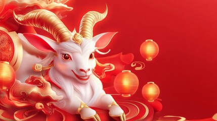 A festive illustration of a cheerful white goat against a red background, adorned with lanterns, symbolizing prosperity and celebration.