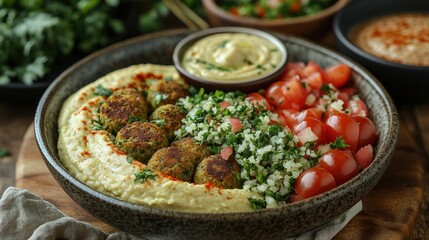 Vibrant falafel platter with hummus, fresh tomatoes, and herbs on a wooden table, evoking a cozy meal