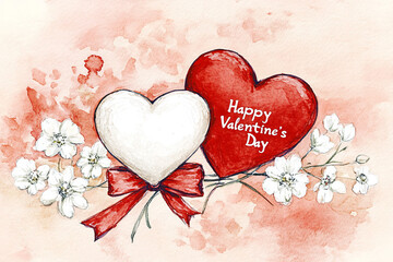 Valentine's day card, watercolor red and white hearts on pastel background