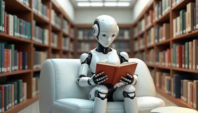 Ai robot sits in library and reads book. Future tech concept. Learning and innovation. Modern robotic design. Artificial intelligence. Modern library setting. Learning. Innovation concept.