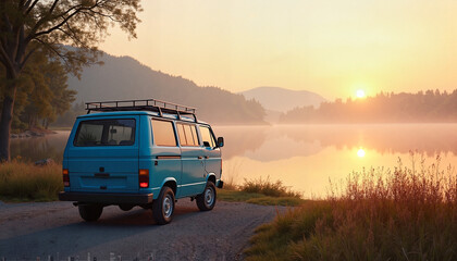 Vintage blue van parked by serene lake at sunset