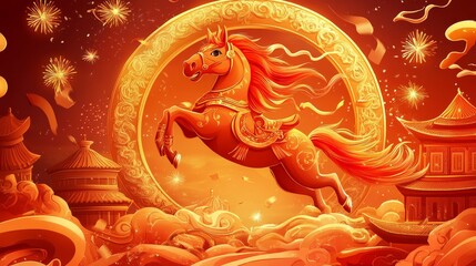 Obraz premium A vibrant depiction of a majestic horse leaping through clouds, set against a golden backdrop with traditional motifs.
