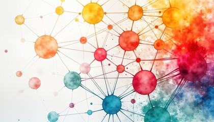 Colorful abstract illustration of customer acquisition. Connections between vibrant circles represent network growth, customer engagement. Visual illustrates customer interaction, loyalty building,