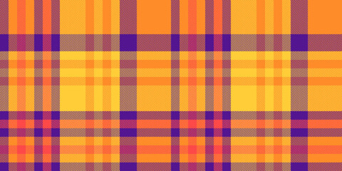 Vibrant tartan check vector, age fabric textile background. Jacket texture seamless pattern plaid in orange and violet colors.