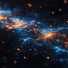 Fototapeta premium Abstract background with blue and orange glowing particles. Dynamic waves of light and energy. Digital art, cosmic dust, futuristic technology concept.