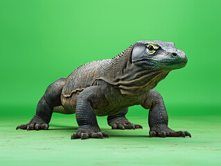 Fototapeta premium Komodo Dragon Standing Against Green Background
