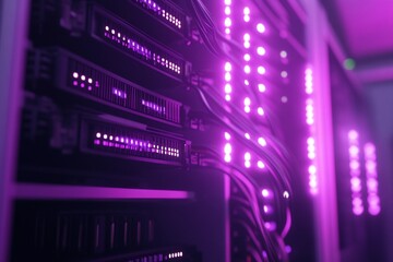 Close-up of illuminated server racks in a data center.