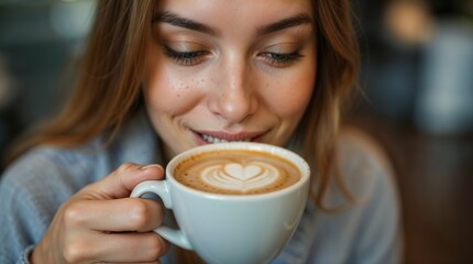 Close-Up of a Woman Enjoying Her Morning Cappuccino or Flat White