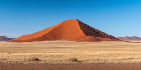 A striking red sand dune rises dramatically from the arid desert landscape, set against a clear blue sky. 