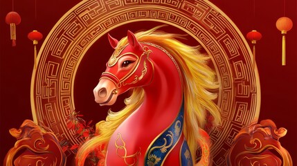 A vibrant red horse with a golden mane, adorned with intricate designs, symbolizes prosperity and good fortune in a rich, festive backdrop.