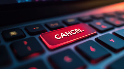 A close up shot of laptop keyboard featuring prominent red CANCEL button, showcasing high resolution and detail