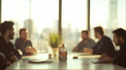 Blurred image of a business meeting in a modern office with a city view. (1)