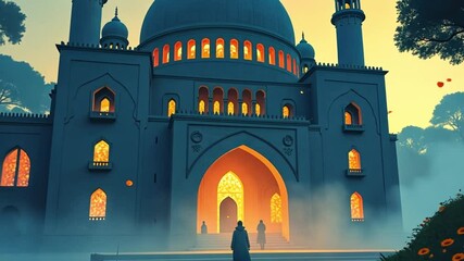 A digital painting depicts a grand mosque at twilight with warm interior lights and two figures approaching its entrance. - Powered by Adobe