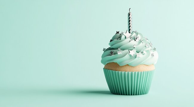 Single mint cupcake with frosting, candle, and stars.