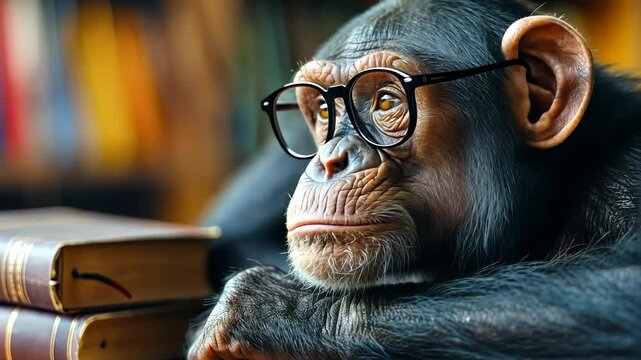 Chimpanzee Wearing Glasses Sitting with Books in a Library
