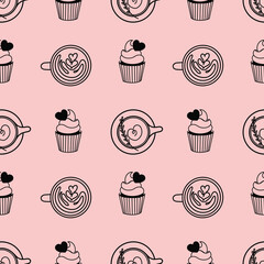 Seamless pattern with coffee and cupcakes