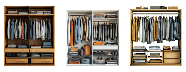 Three stylish wardrobes showcasing organized clothing and accessories