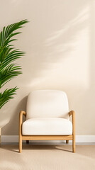 Beige Armchair, Rug, and Plant in Minimalist Room Setting