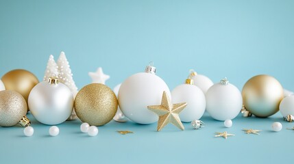 Fototapeta premium Elegant white and gold Christmas ornaments arranged on a light blue background.