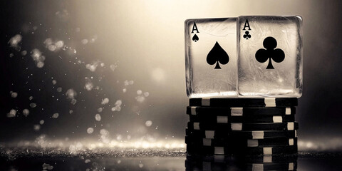 Ice Cubes with Aces and Poker Chips. Banner with Empty Space for Text.